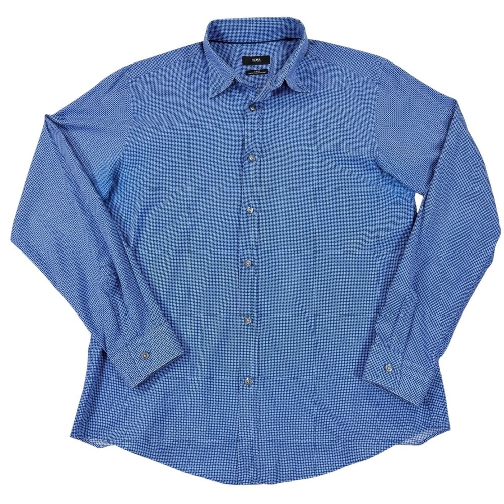 Hugo Boss Slim Fit Dress Shirt Mens Large Blue Geometric Cotton Button Up